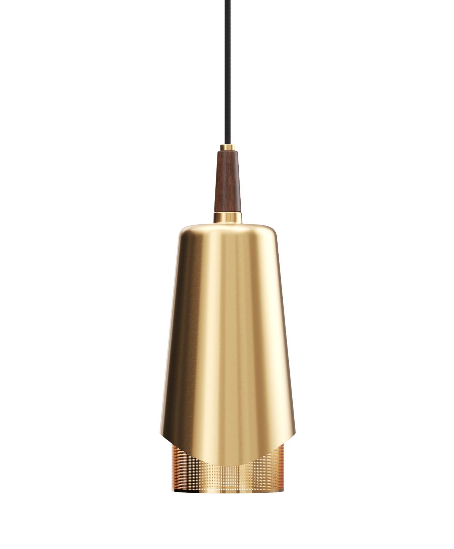 Nahaufnahme der modernen Audo Umanoff Hängeleuchte mit goldenem Lampenschirm und Holzdetails, freigestellt vor weißem Hintergrund.
