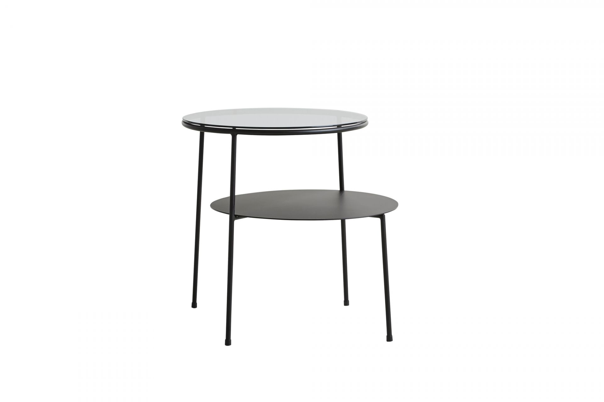 Schwarzer Duo Beistelltisch von Woud mit dunklem Rauchglas und zwei Ablageflächen. Moderner Couchtisch.