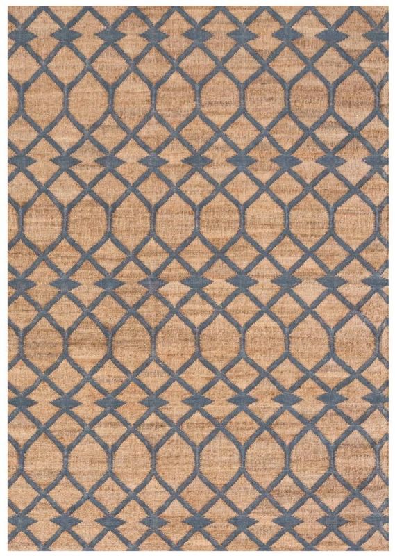 Kilim Teppich mit blauem geometrischem Muster auf beigem Grund, modernes Design für Wohnzimmer.