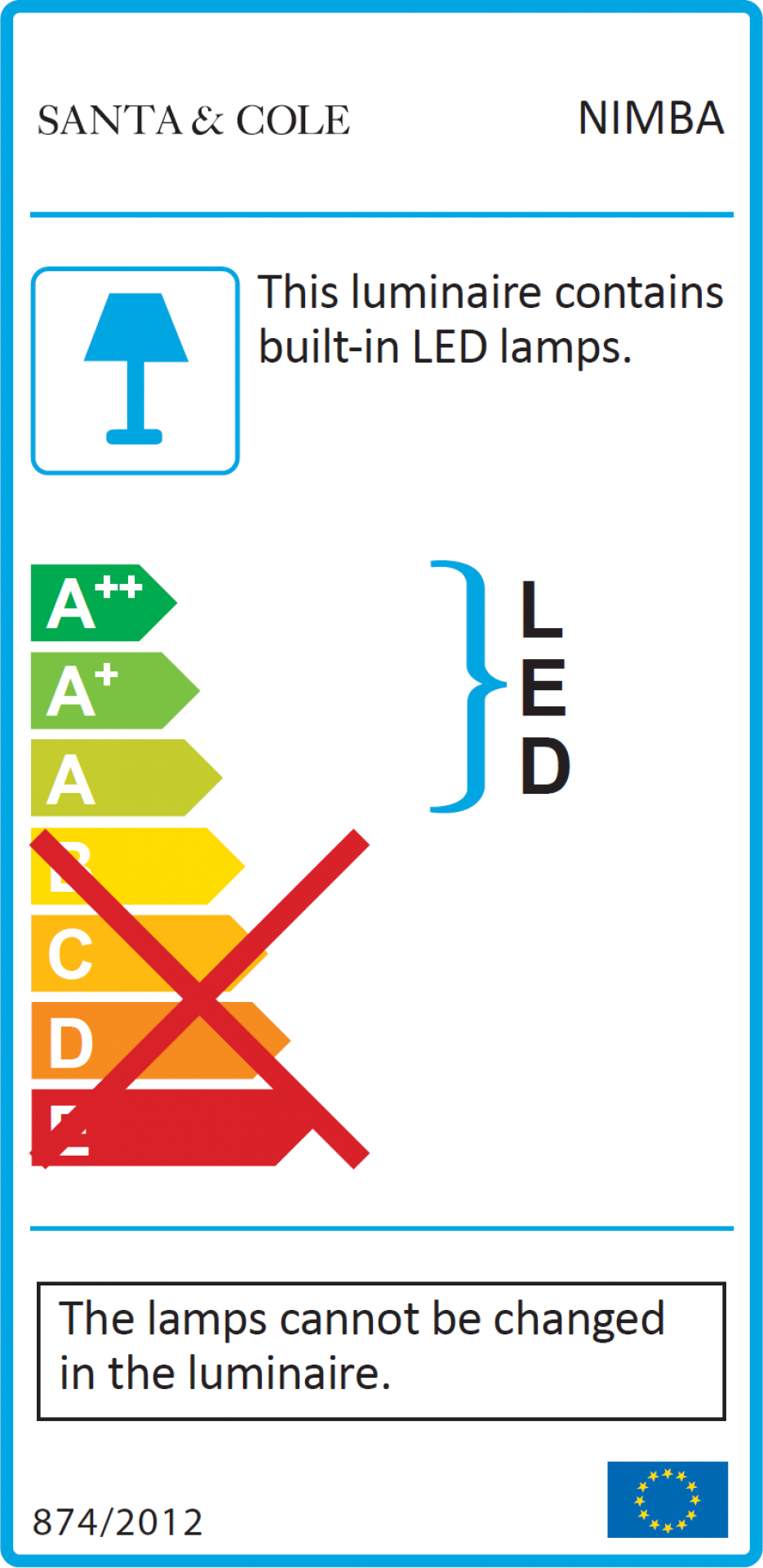 Energieeffizienzlabel der Nimba Pendelleuchte von Santa & Cole mit integrierten LEDs.