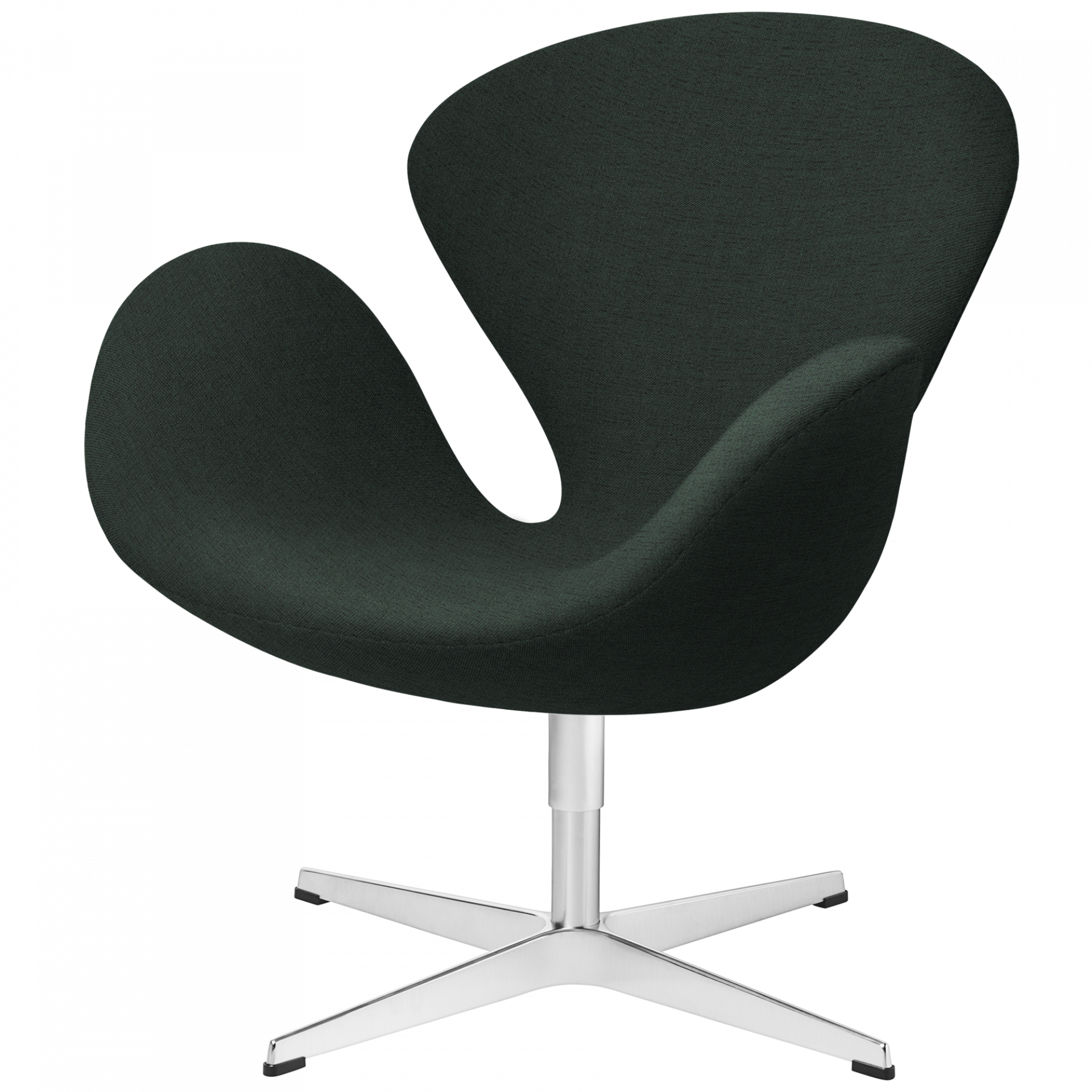Dunkelgrüner Schwan Sessel von Fritz Hansen mit Drehfuß aus Aluminium, moderne Sitzmöbel für Wohnzimmer.