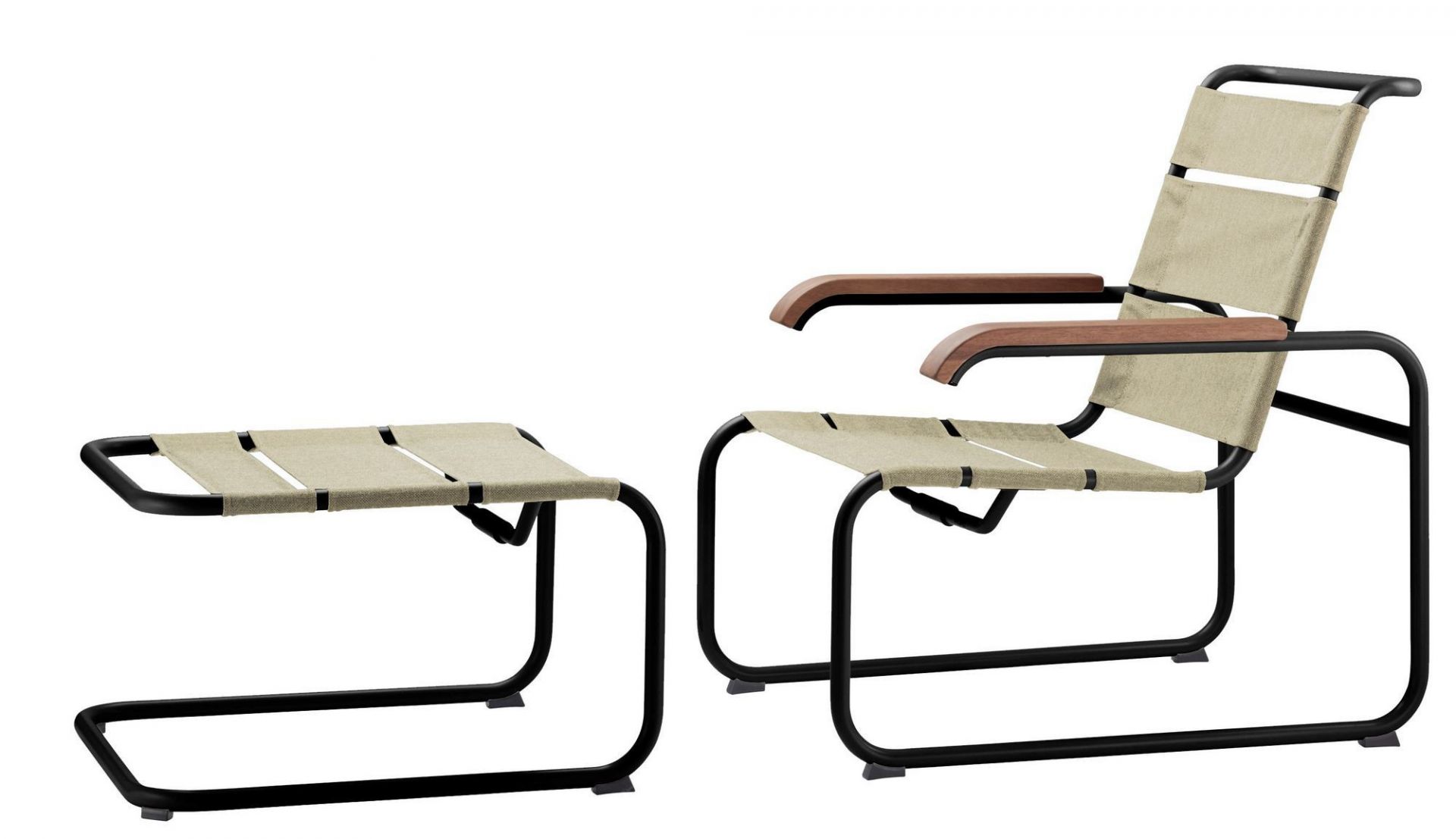 Thonet S 35 NH All Seasons Outdoor Sessel mit passendem Hocker, schwarzes Stahlrohr und Textilbespannung.