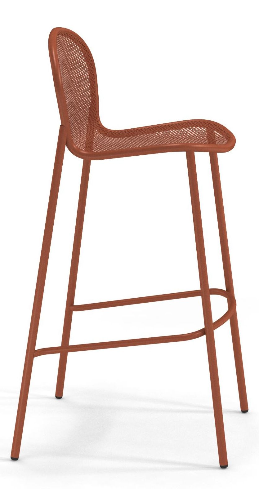 Ronda X Barhocker von Emu, terracottafarben, aus Metallgeflecht, Seitenansicht, für den Garten.