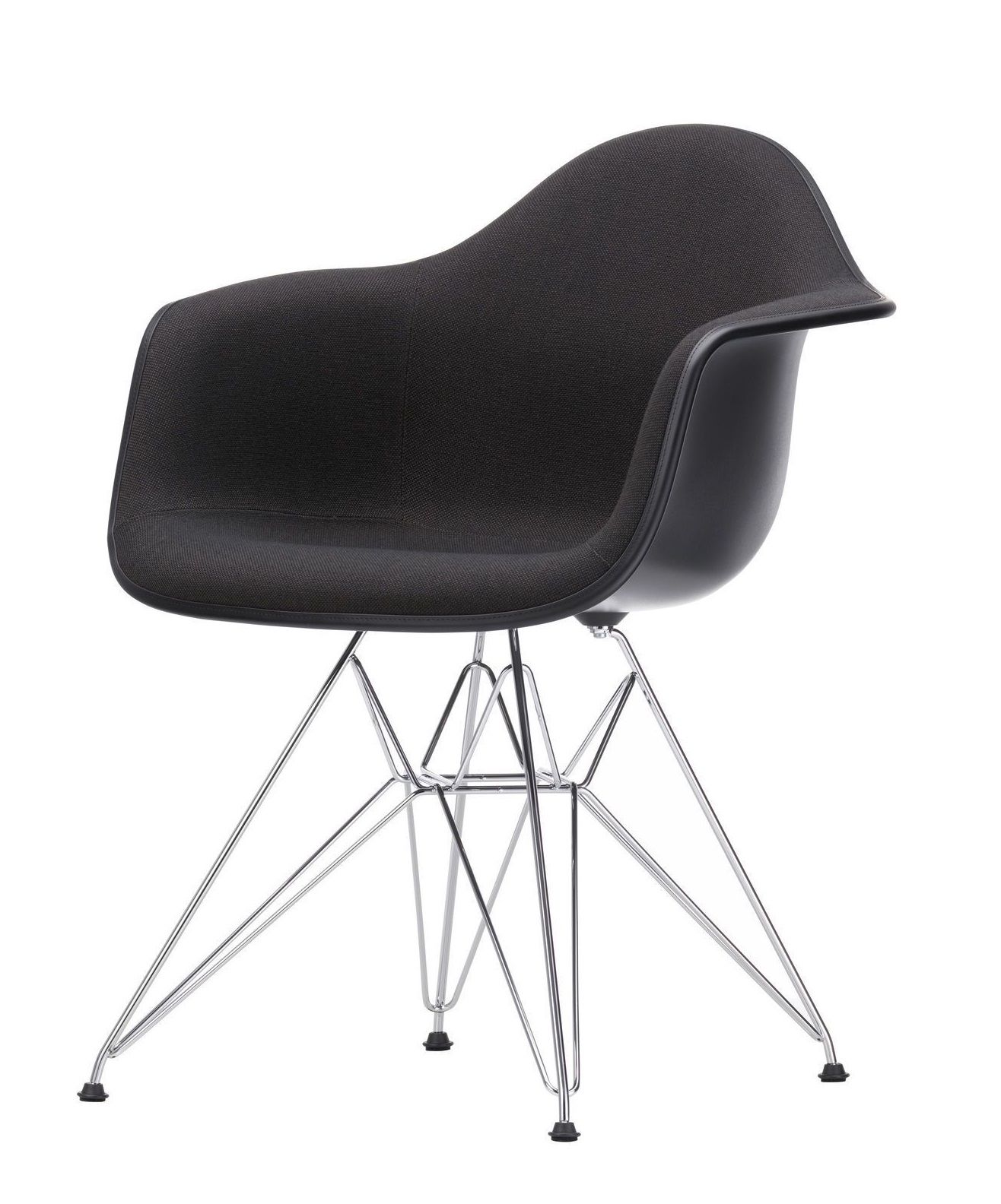 Schwarzer Eames Plastic Arm Chair DAR von Vitra mit verchromtem Eiffelgestell und Vollpolsterung.