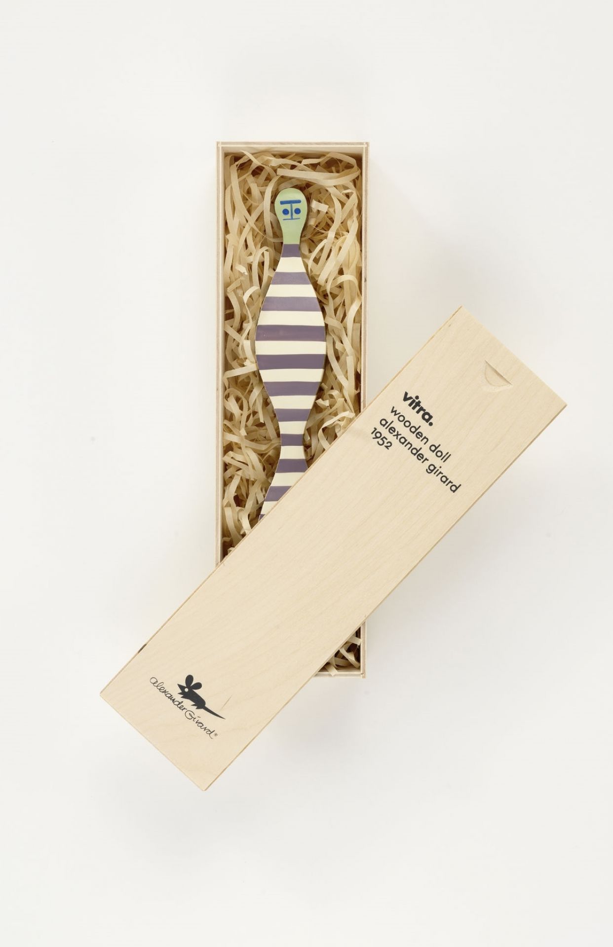 Vitra Wooden Doll No. 16 in Geschenkbox, dekorative Holzfigur mit Streifen und Gesicht.