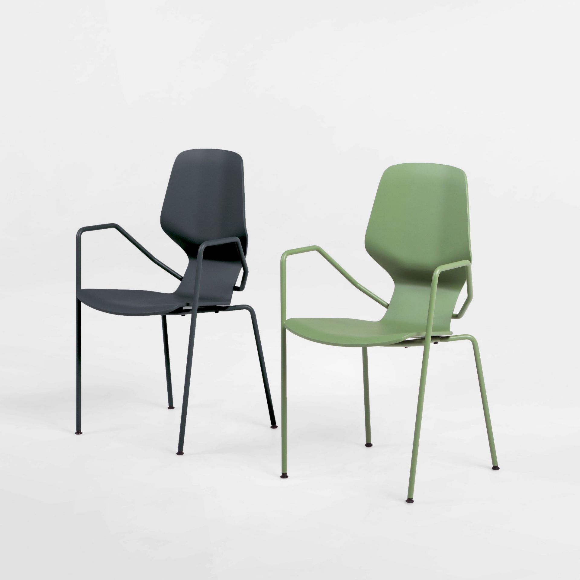 Oblikant Stuhl mit Metallbeinen in Grau und Grün, modernes Design für Esszimmer und Büro.