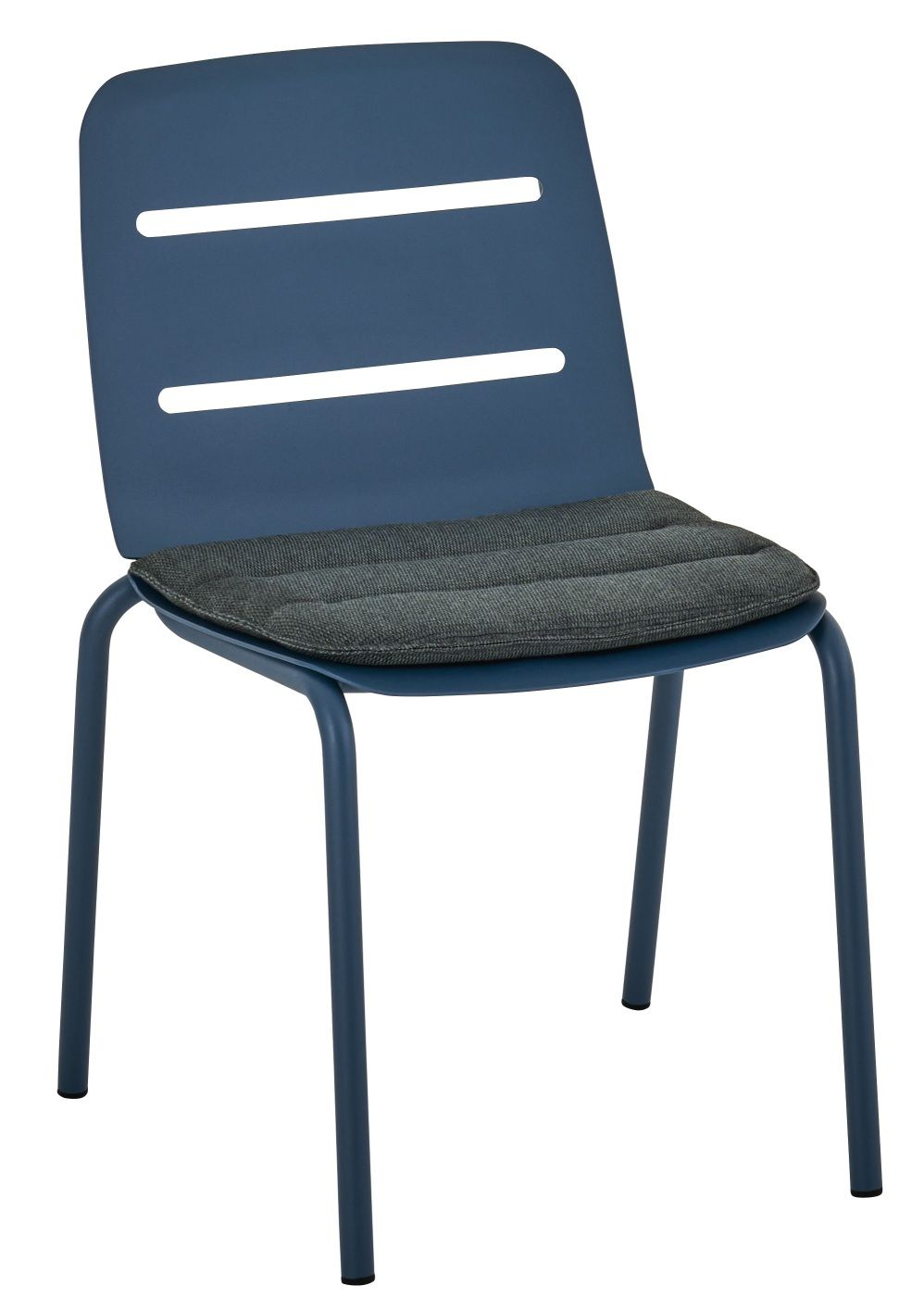Blauer Vapio Stuhl von Weishäupl für den Außenbereich mit grauem Sitzkissen, Gartenstuhl aus Metall.