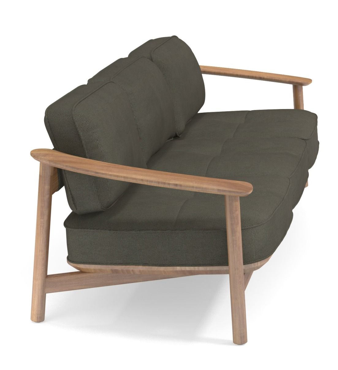 Emu Twins Outdoor Sofa mit olivgrünen Polstern und hellem Holzrahmen, modernes Design für Garten und Terrasse.