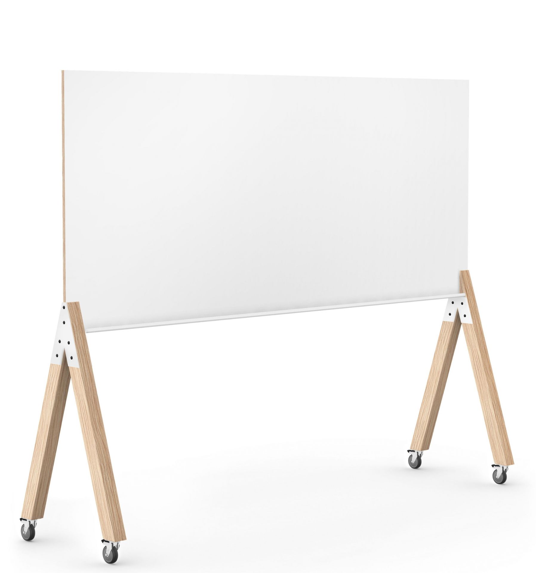 What if We Fly Taskboard: Großes, mobiles Whiteboard mit Holzgestell für moderne Büros.