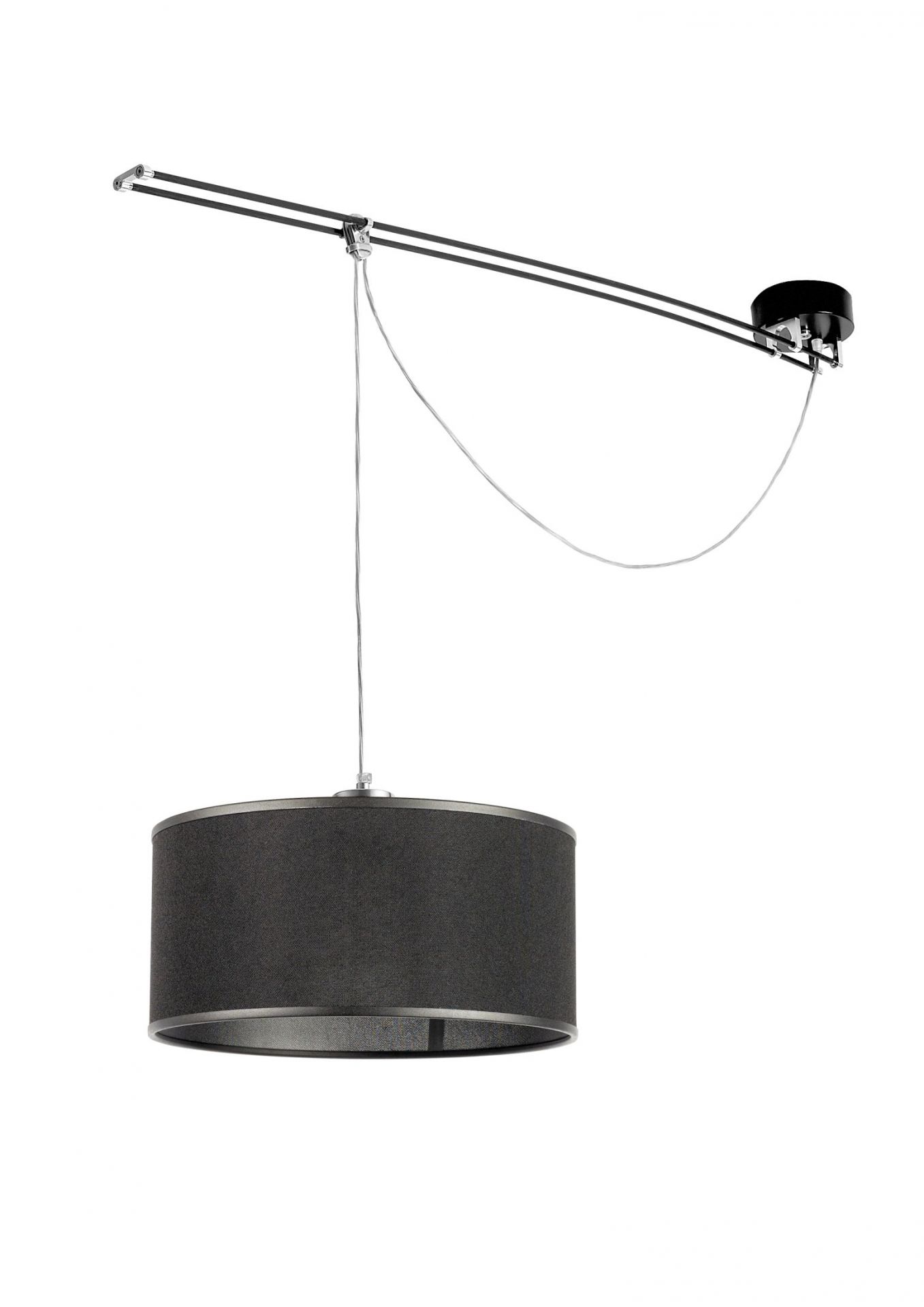 Moove Pendelleuchte Lumina: Graue Hängelampe mit schwarzer Aufhängung und Stoffschirm für Wohnzimmer und Esszimmer.