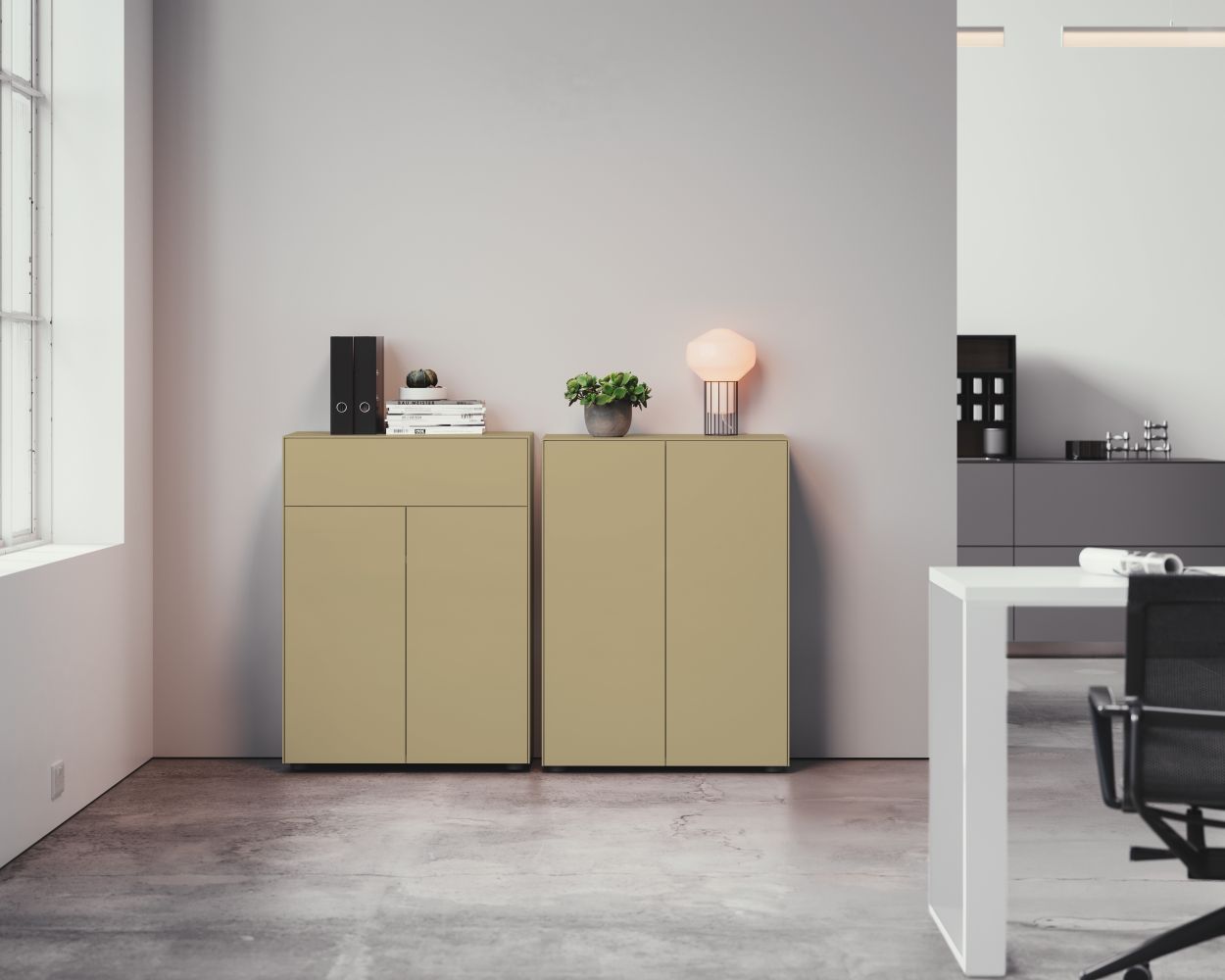 Piure Nex Pur Box Sideboard Kombination in Beige mit Tür und Schubkasten für Büro und Wohnraum.