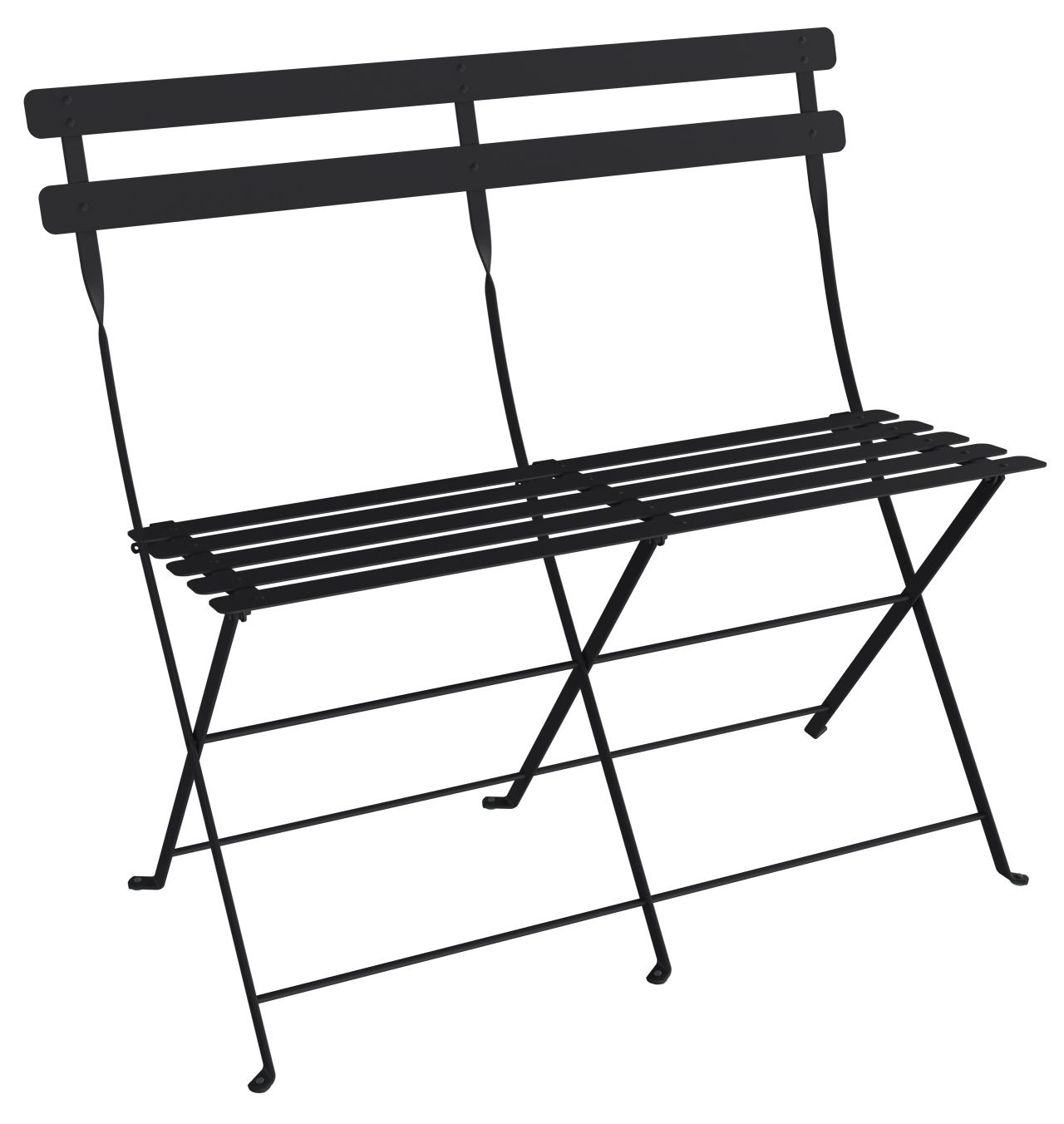 Schwarze Bistro 2-Sitzer Klappbank von Fermob für den Außenbereich, ideal für Garten, Balkon oder Terrasse.