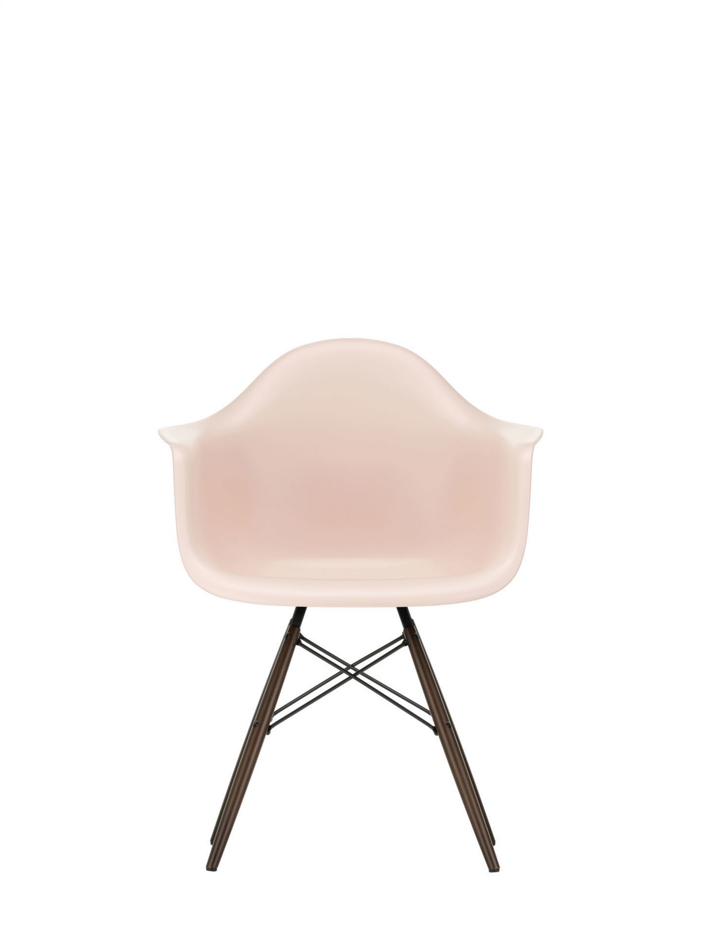 Vitra Eames Plastic Arm Chair DAW Stuhl, Ahorn-Gestell gelblich, Sitzschale Cotton white, Frontansicht.