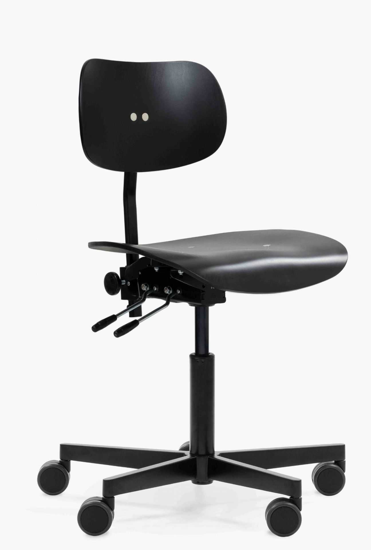 Schwarzer S 197 R20 Drehstuhl von Wilde+Spieth mit Rollen, verstellbarer Sitzhöhe und Rückenlehne, ergonomischer Bürostuhl.