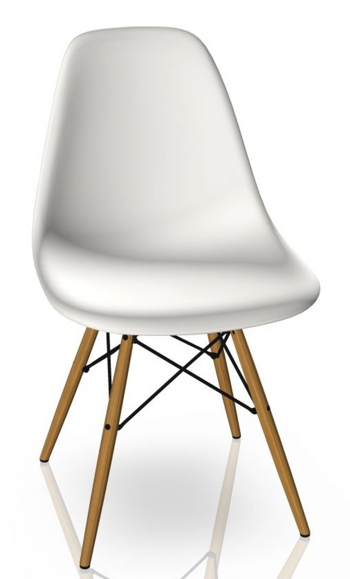 Eames Stuhl DSW mit weißer Sitzschale und honigfarbenem Esche-Holzgestell von Vitra.
