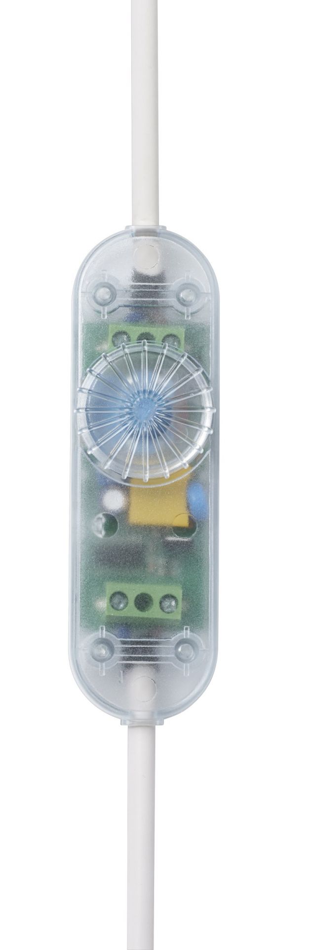Detailaufnahme des transparenten Dimmers der Muuto Rime Wandleuchte mit weißem Kabel.