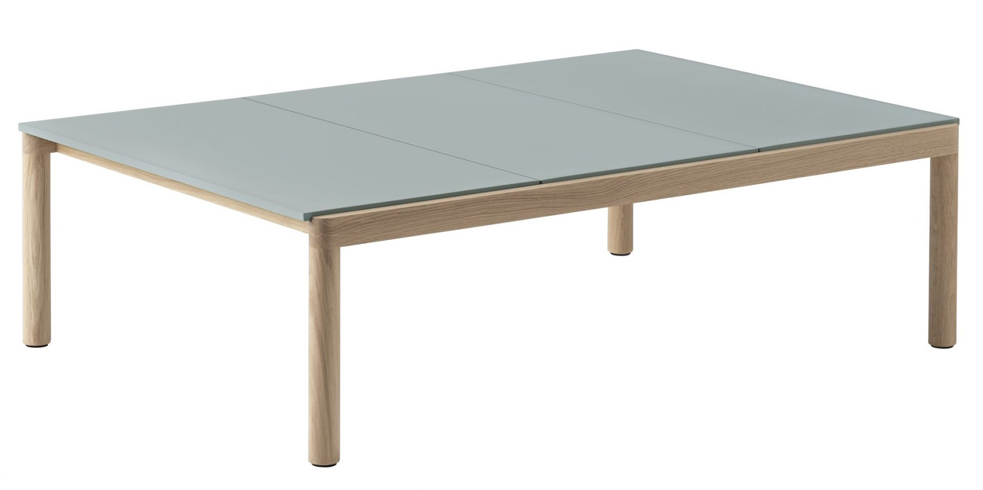 Muuto Couple Coffee Table Couchtisch mit hellblau-grauer Tischplatte und hellem Holzgestell, modernes Wohnzimmer Möbel.