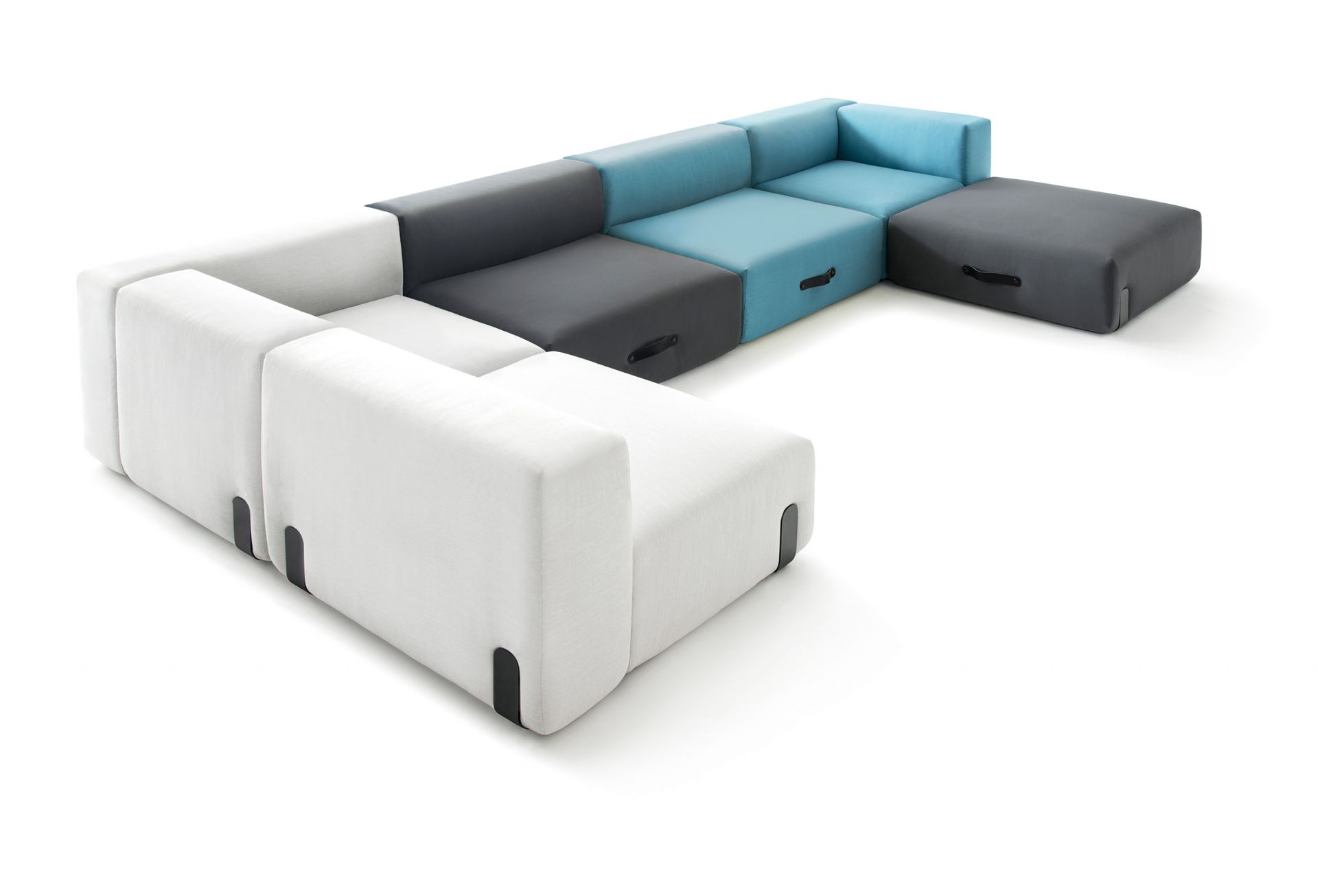 Miami Outdoor Sofa Lounger in Taupe, Weiß, Grau und Blau, modulare Gartenmöbel für Terrasse.