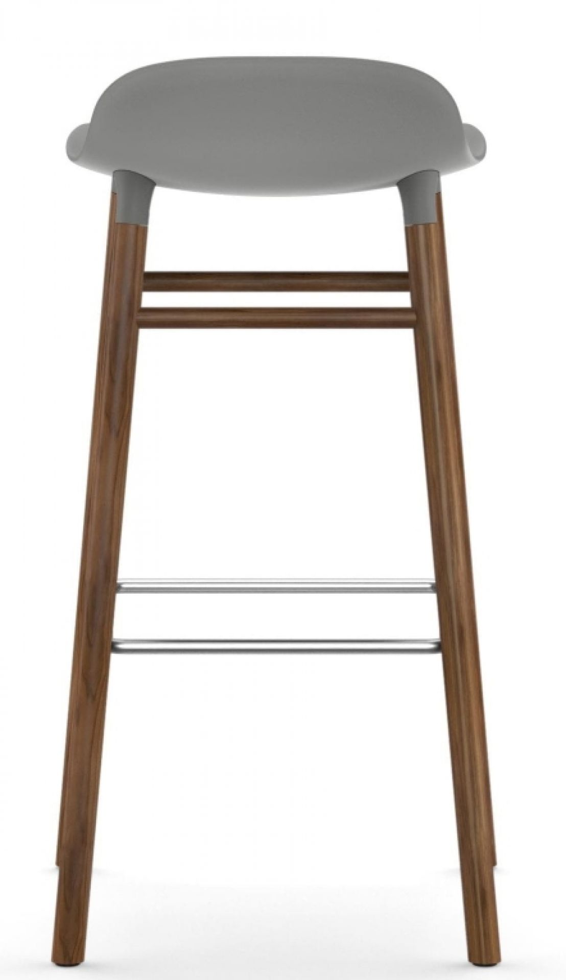 Form Barhocker von Normann Copenhagen, H 75 cm, Holzgestell, graue Sitzfläche, Ansicht von hinten.