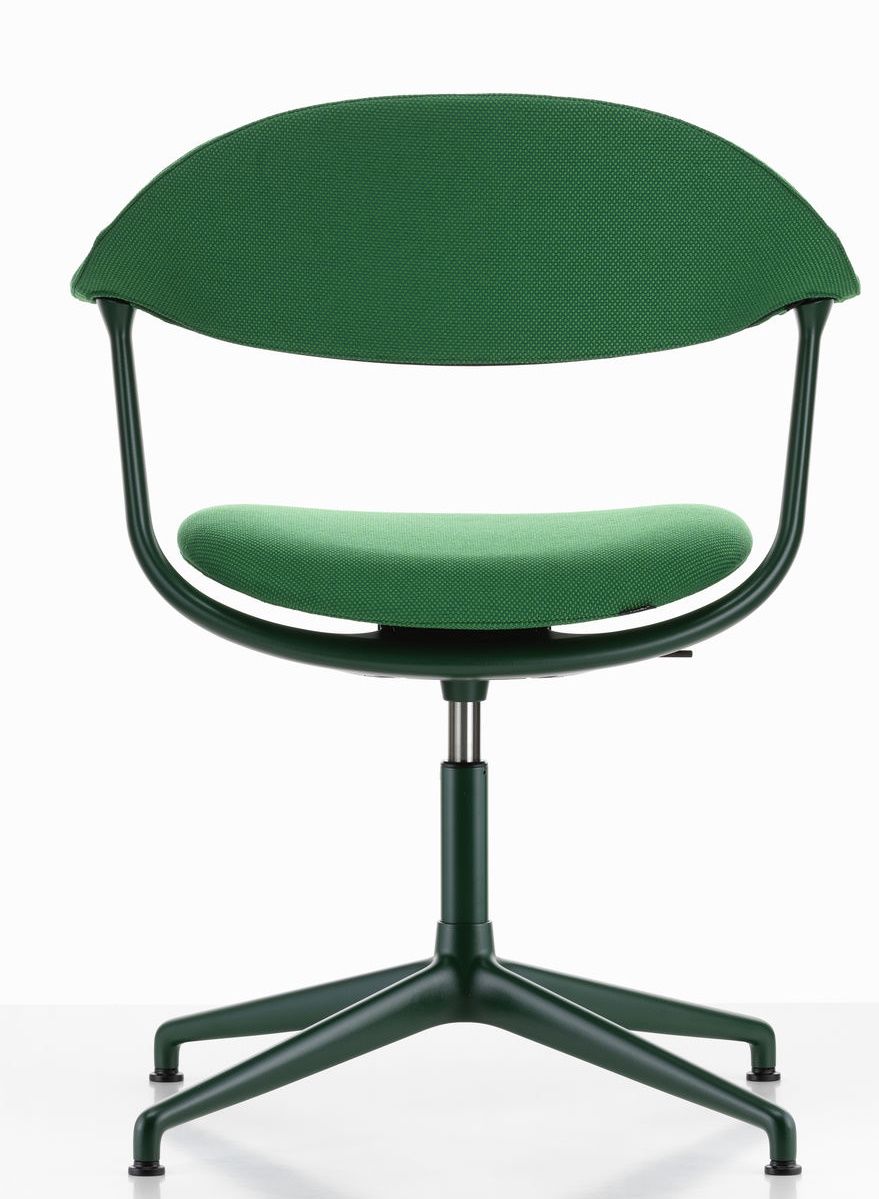 Grüner Mynt Bürodrehstuhl von Vitra, Rücken- und Sitzfläche aus Kunststoff, modernes Design für Büro und Homeoffice.