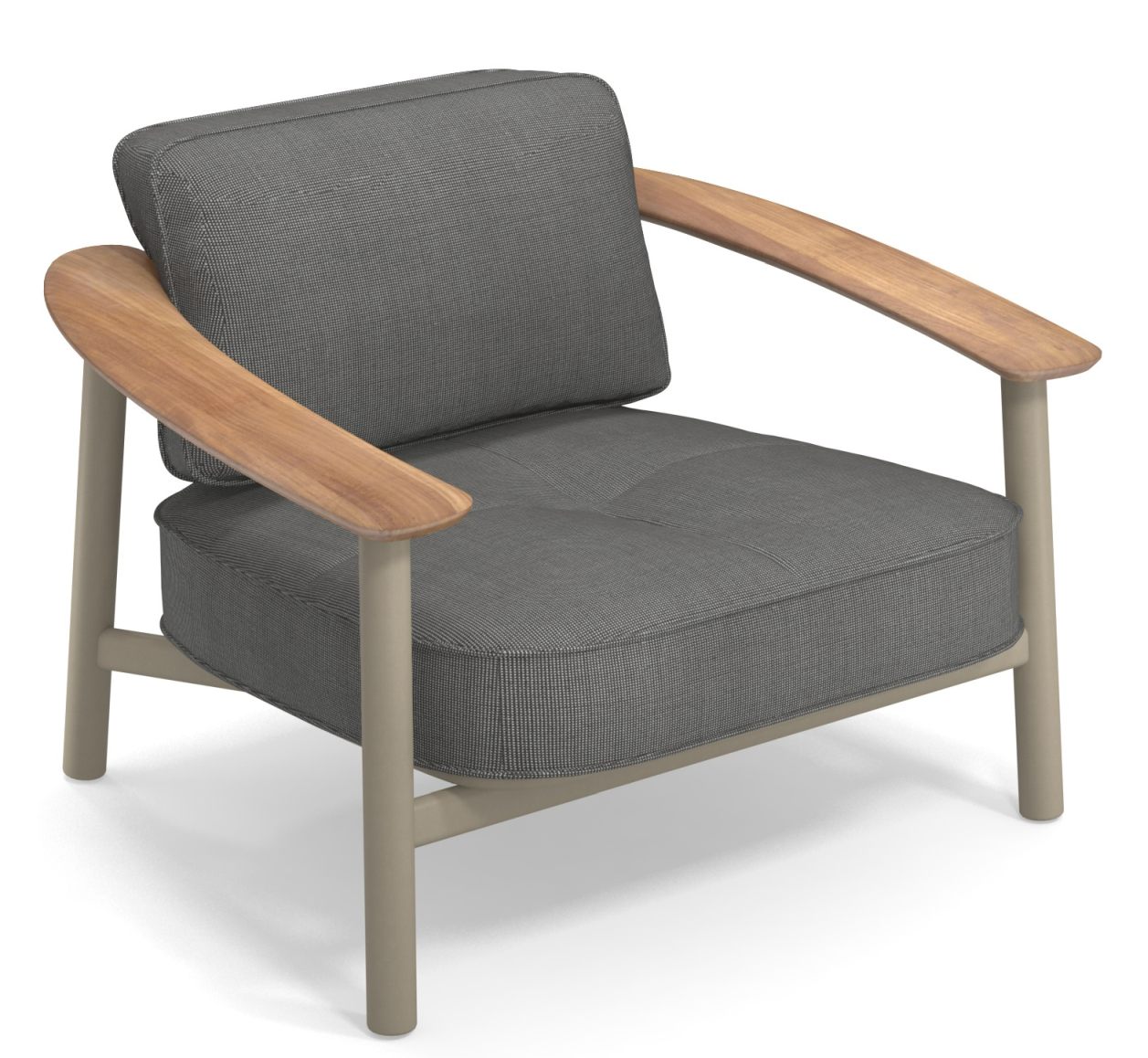 Grauer Twins Lounge Chair Sessel von Emu für den Außenbereich mit Armlehnen aus hellem Holz.