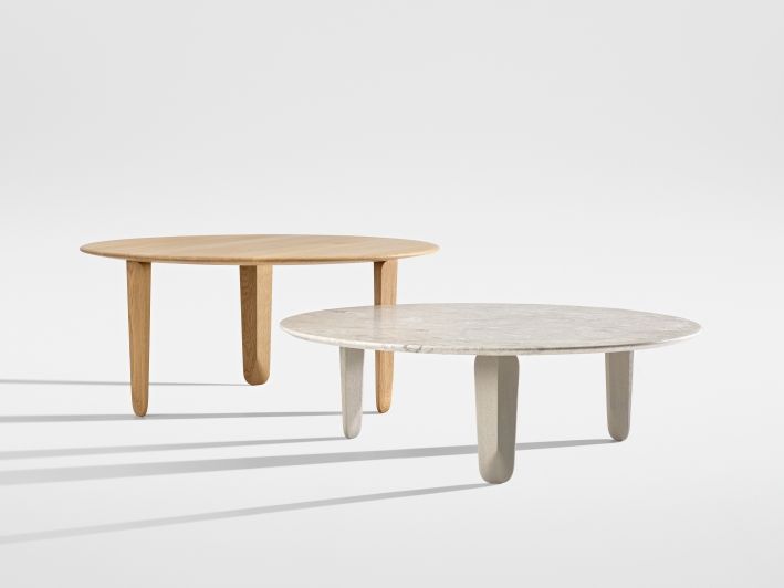 Kuyu Marble Couchtisch: Runder Marmortisch und Holztisch mit minimalistischem Design auf weißem Hintergrund.