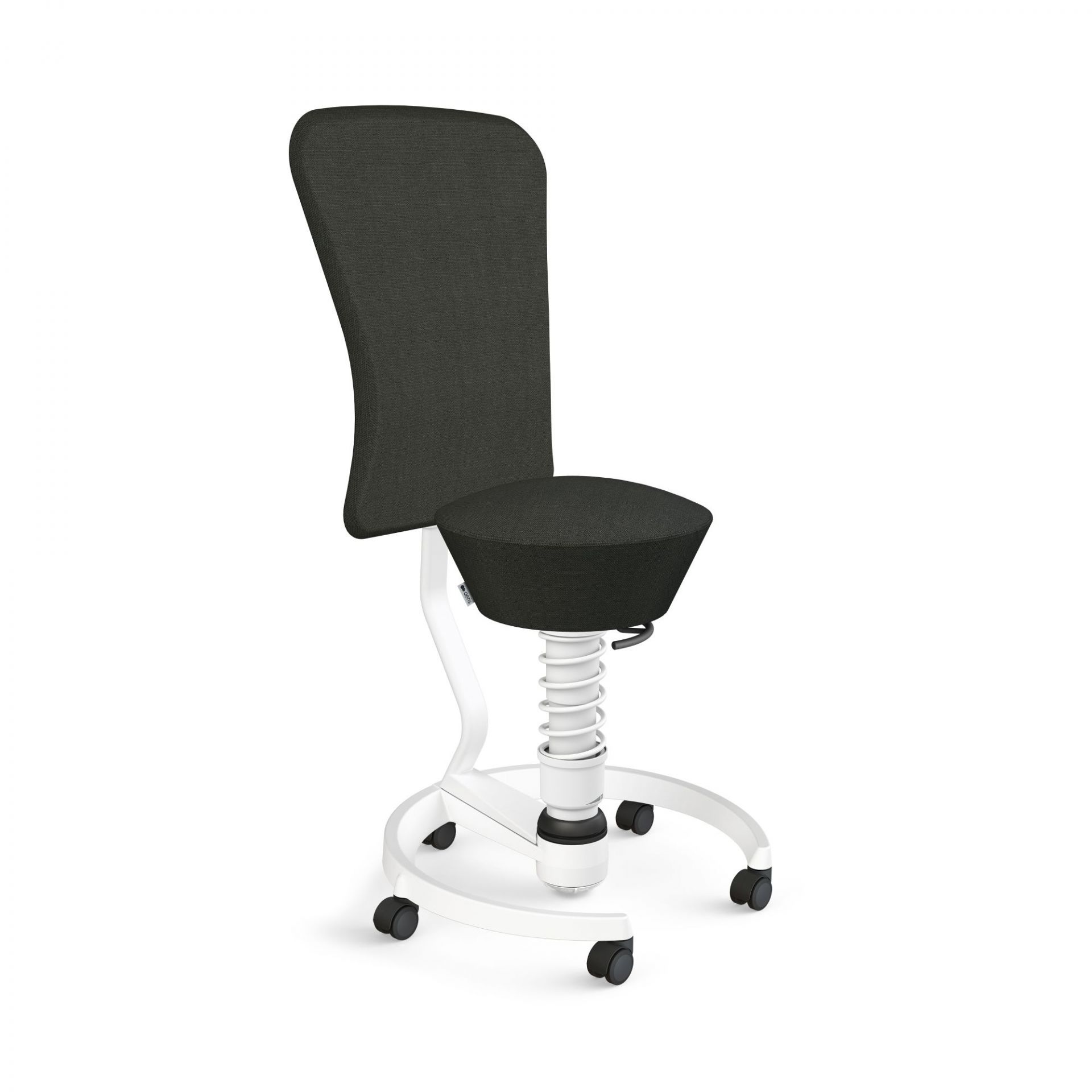 Ergonomischer Bürostuhl mit schwarzem Stoffbezug, weißem Gestell und Rollen für dynamisches Sitzen.