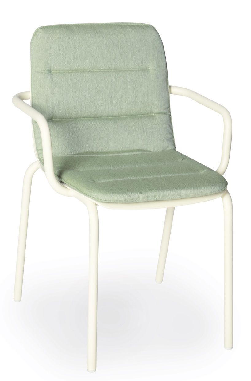 Vapio Sessel von Weishäupl, Outdoor-Stuhl mit Armlehne und mintgrüner Polsterung, modernes Design für Garten und Terrasse.