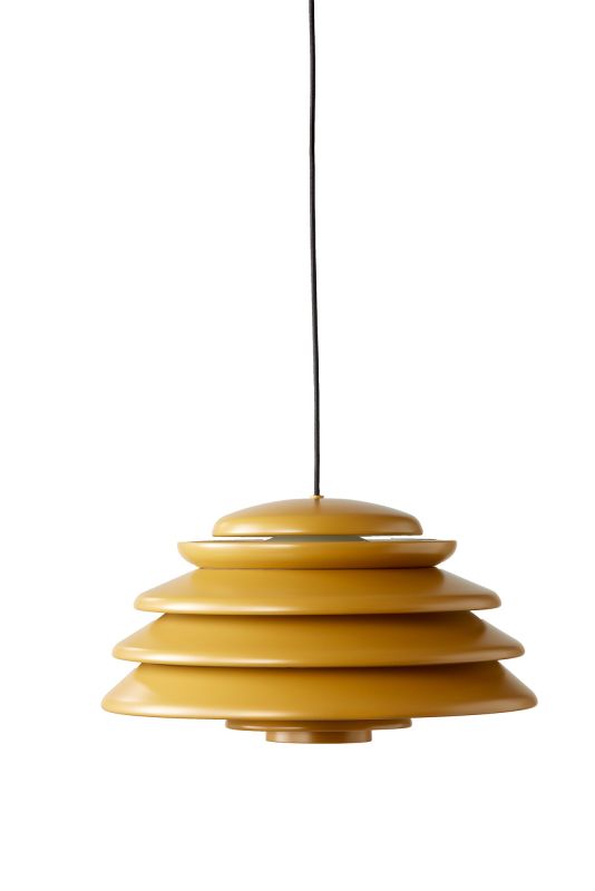 Gelbe Hive Pendelleuchte von Verpan, moderne Hängelampe mit schichtförmigem Design für Wohnzimmer und Esszimmer.