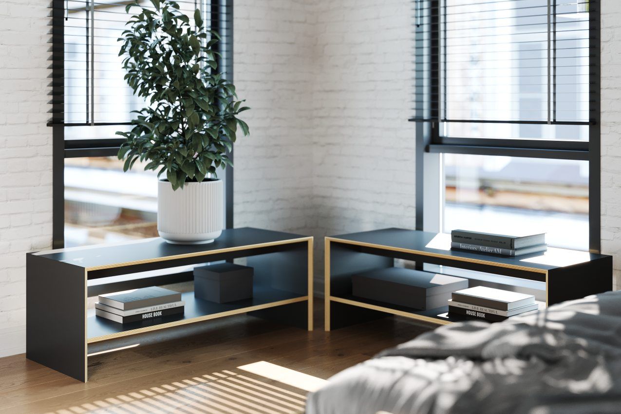 Bridge Sitzbank von Müller Möbelwerkstätten als Beistelltisch im Schlafzimmer mit Dekoration und Zimmerpflanze.