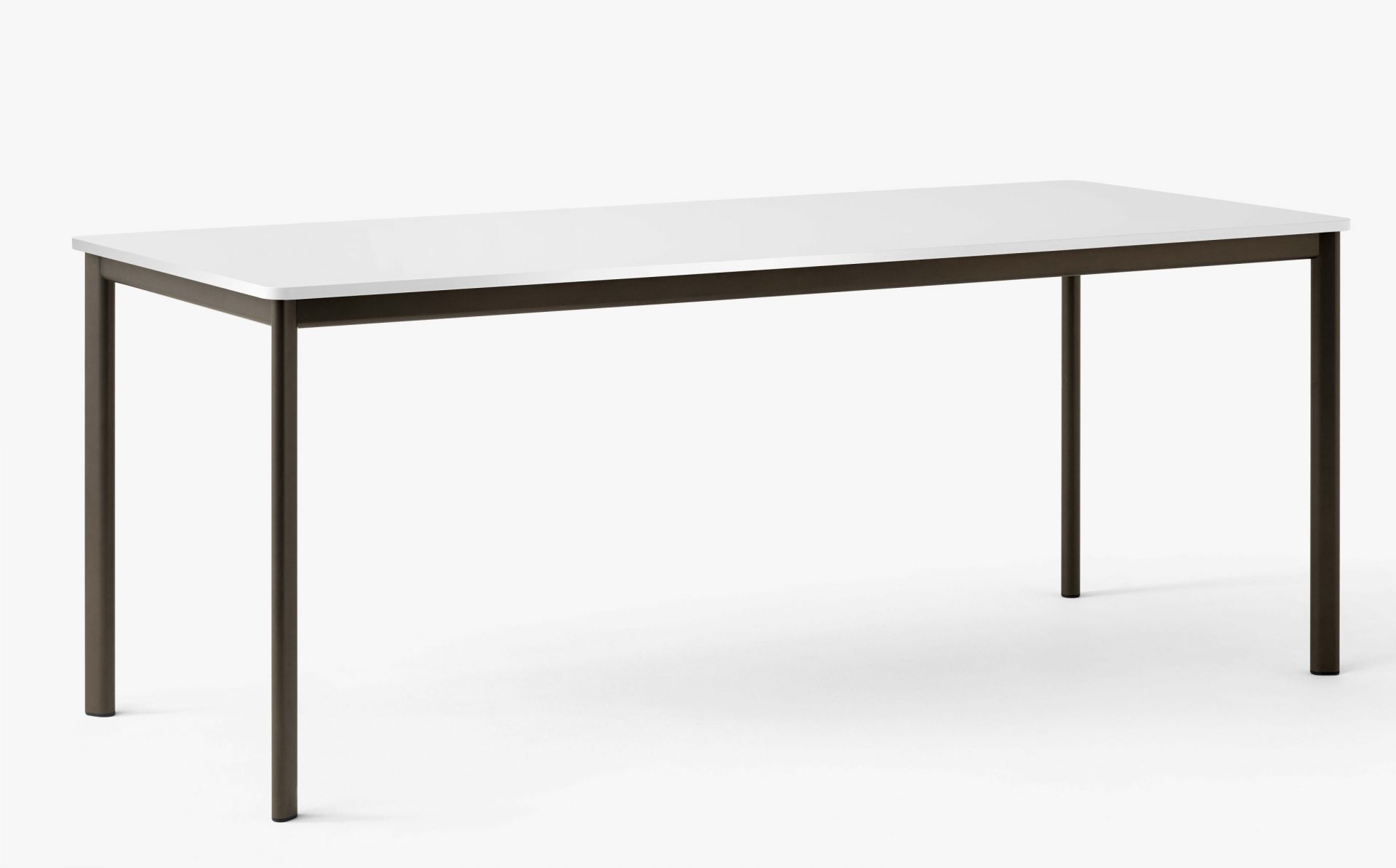 AndTradition Drip Table mit weißer Tischplatte und dunklem Metallgestell, moderner Esstisch für Esszimmer.