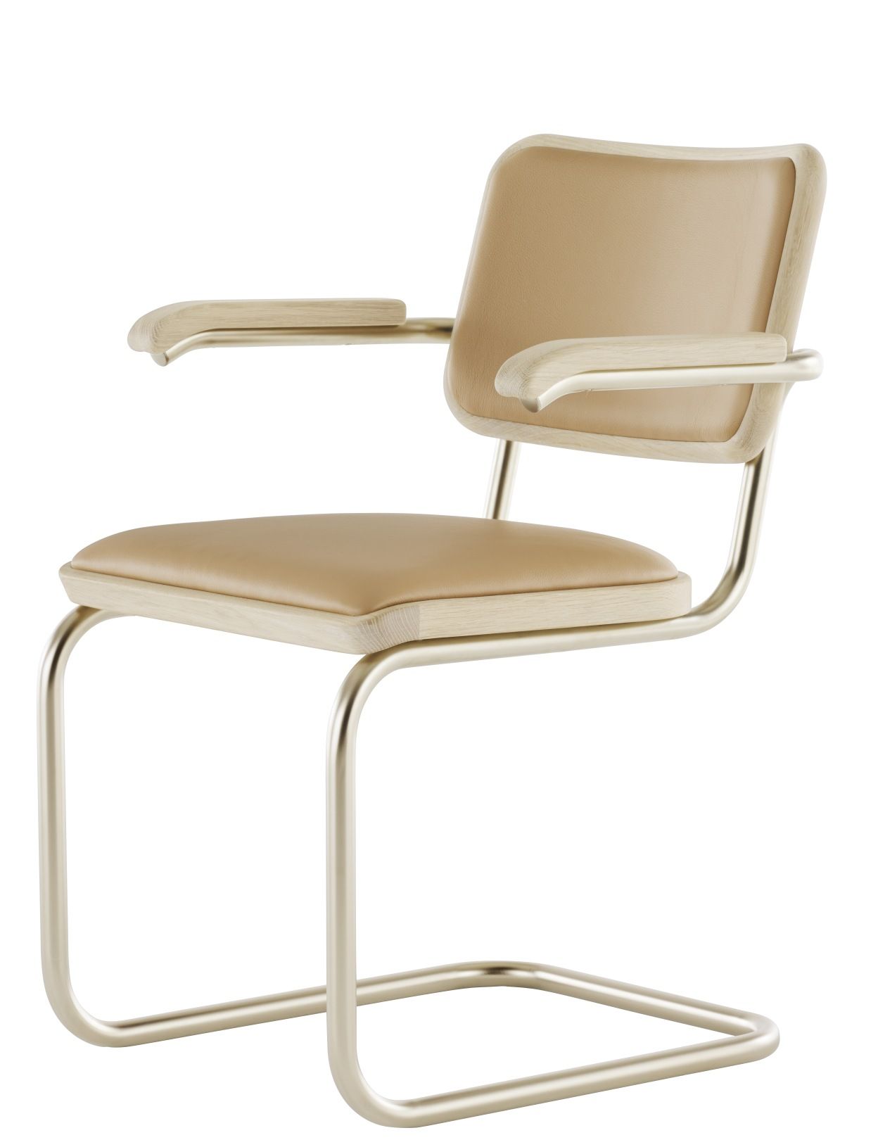 JS. Thonet S 64 P Freischwinger mit Armlehnen, beige Lederpolsterung und Stahlrohrgestell, modernes Möbeldesign.