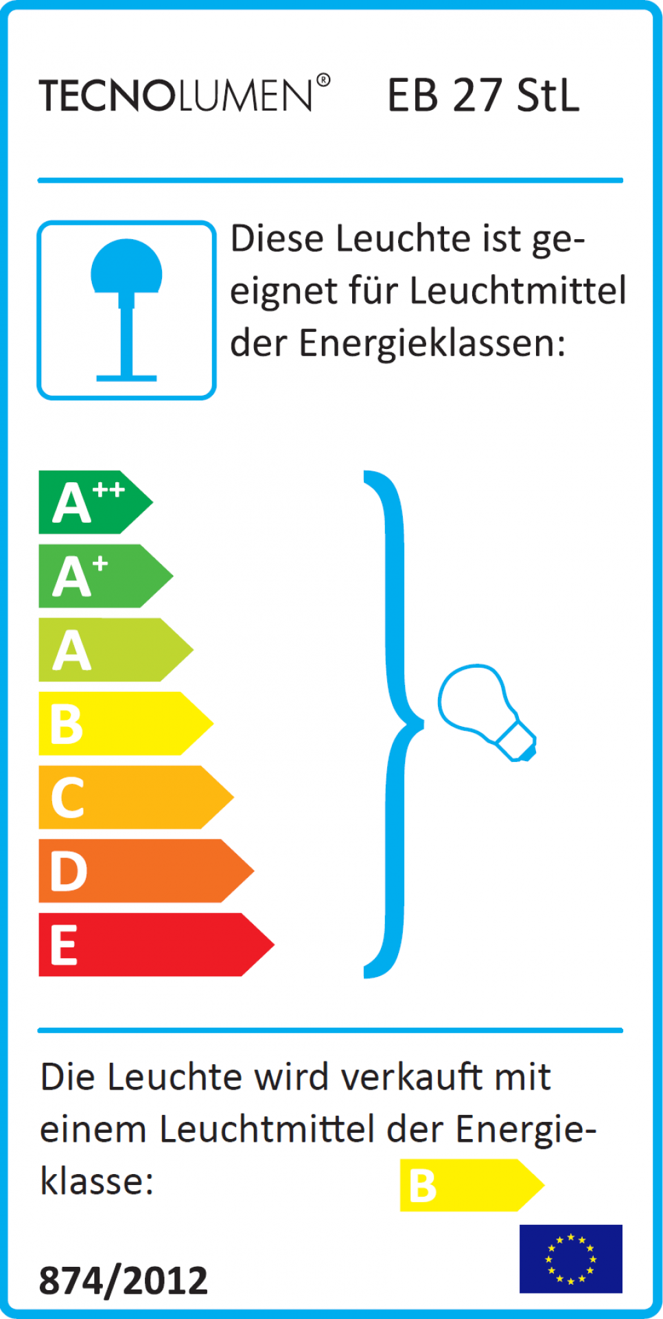 Energieeffizienzlabel der EB 27 STL Stehleuchte von Tecnolumen mit Energieklassen von A++ bis E.