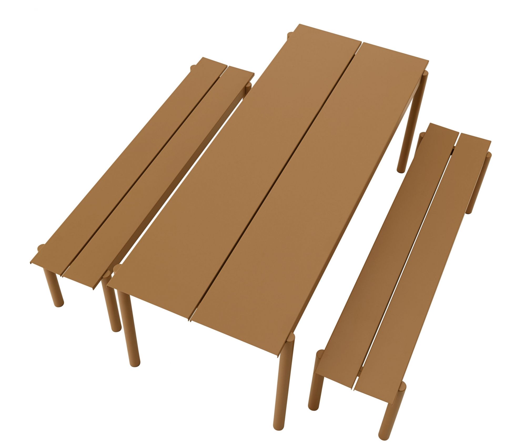 Muuto Linear Steel Outdoor Bank, braune Gartenbank aus Stahl mit Lattenstruktur für Terrasse und Garten.