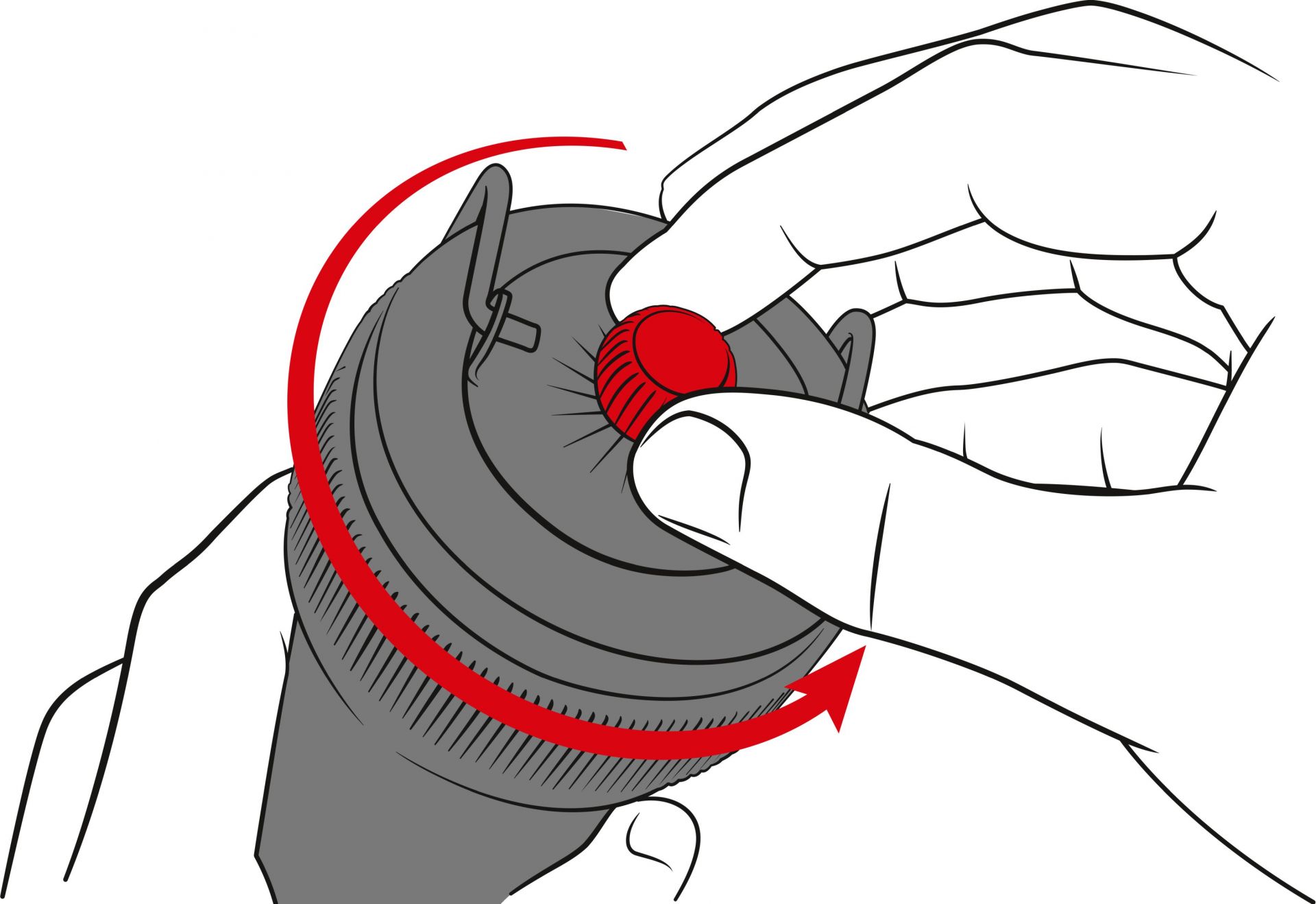 Illustration einer Hand, die den roten Knopf einer Peugeot BBQ Pfeffermühle im Freien dreht.