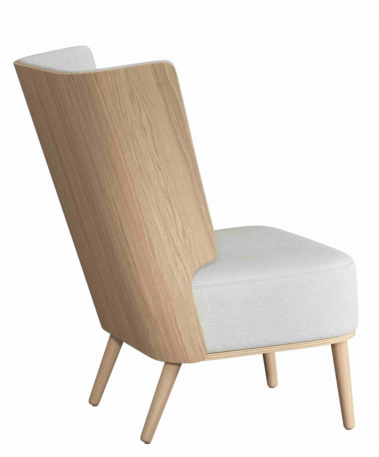 Serena Lounge Chair Sessel aus Eiche natur von Novoform, seitliche Ansicht mit hellgrauem Polster.
