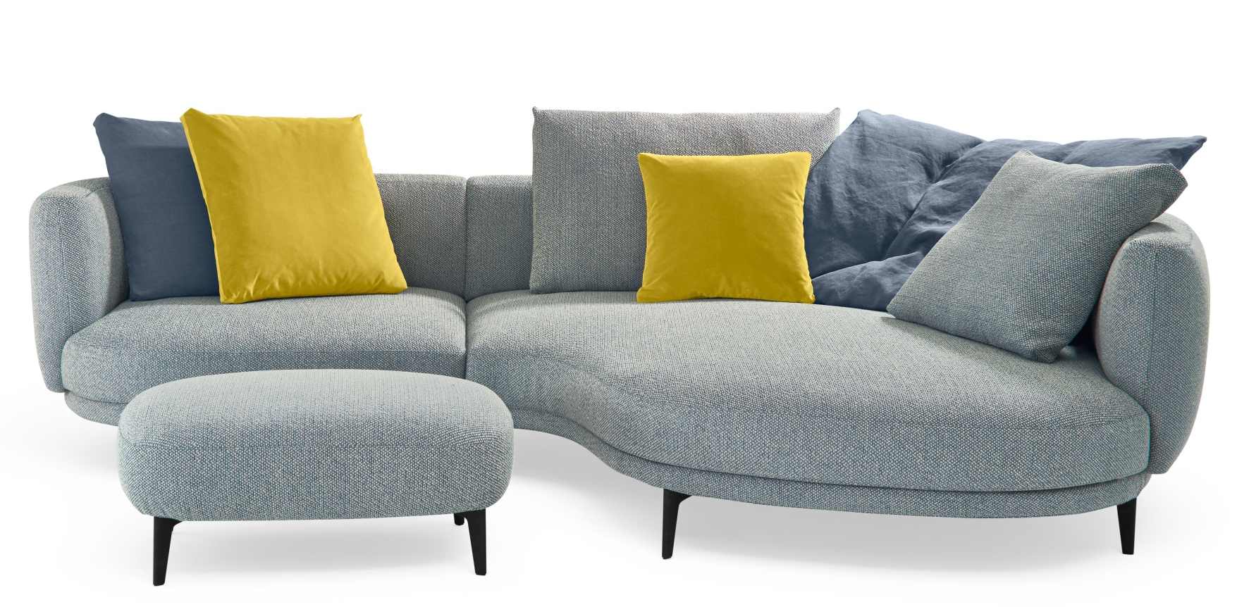 Marru Sofa von Walter Knoll, hellgraues Ecksofa mit Ottoman und gelben, blauen Kissen.
