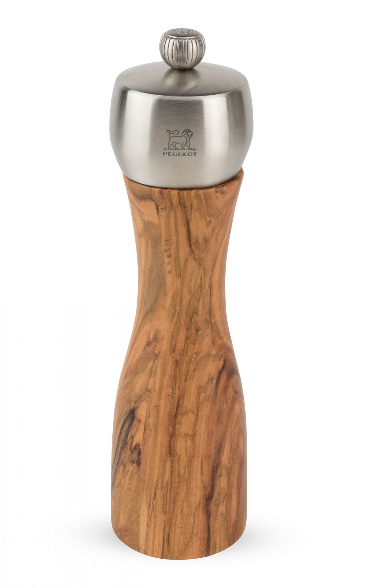 Produktfoto: Fidji Salzmühle von Peugeot, 20 cm, aus Olivenholz mit silberfarbenem Kopf.