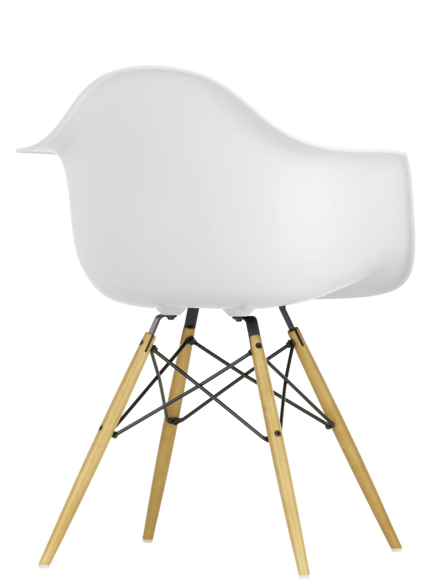 Eames Plastic Arm Chair DAW in Cotton White mit Ahorn-Gestell, Ansicht von hinten.