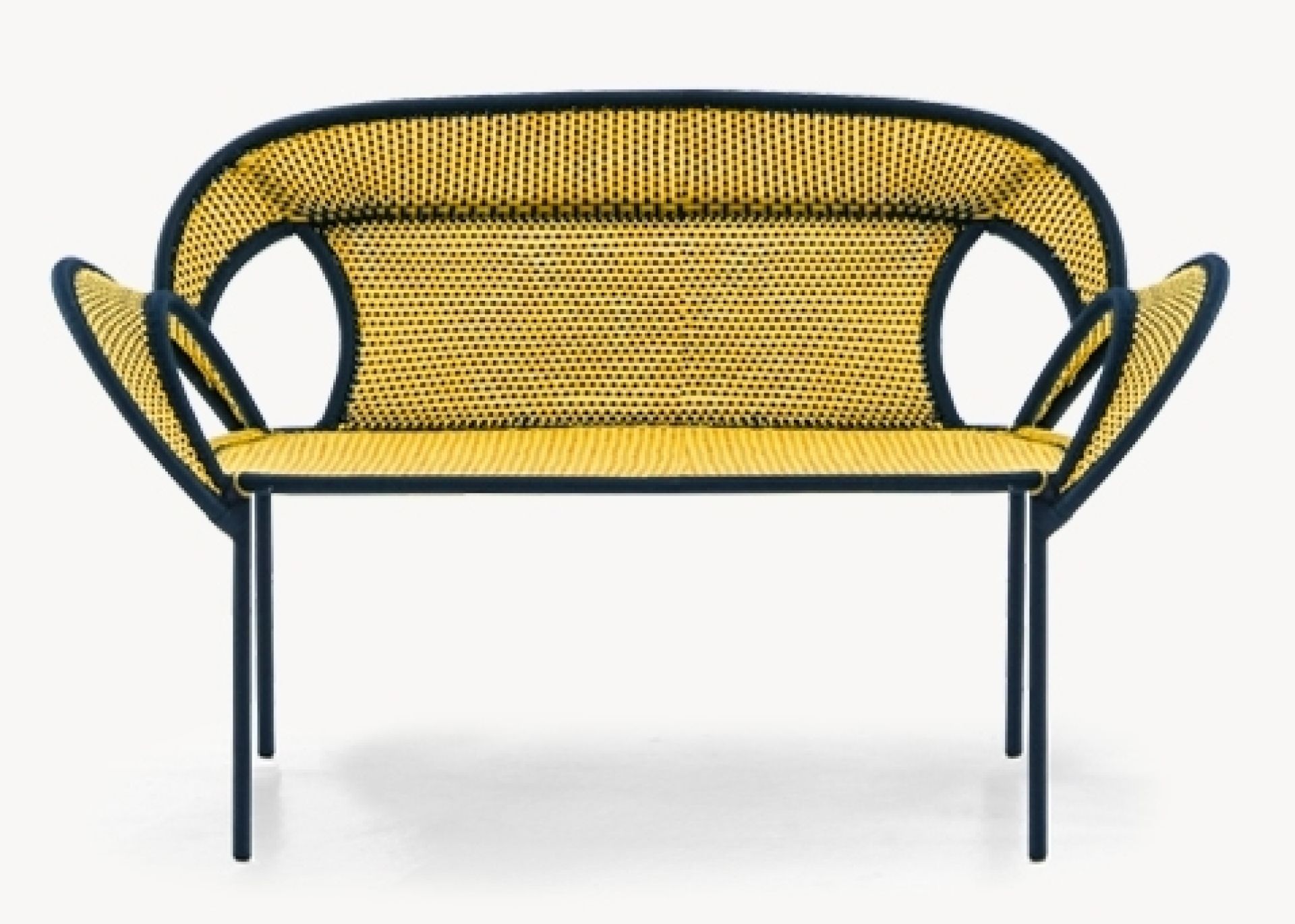 Türkis-gelbe Banjooli Bank von Moroso, Teil der M' Afrique Kollektion. Design Gartenbank mit Armlehnen.