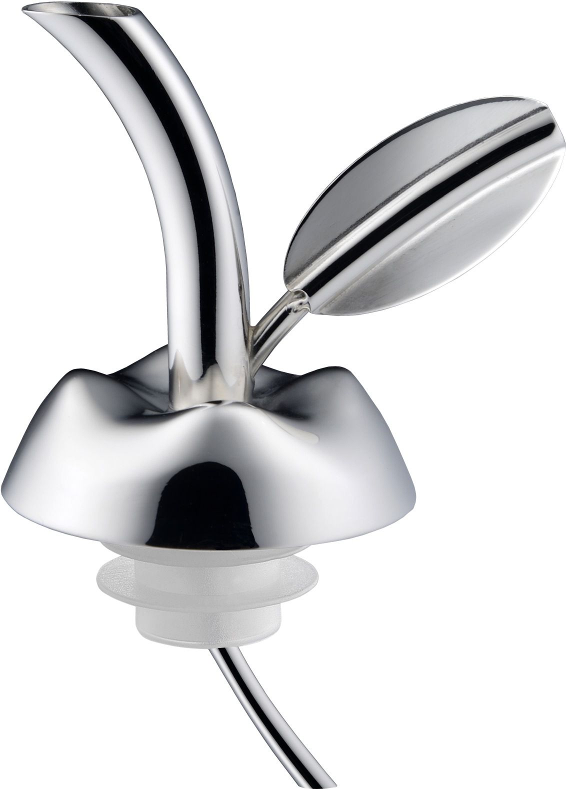 Fior d'olio Olivenölkoster: Detailaufnahme des verchromten Flaschenverschlusses MSA32 von Alessi mit Ausgießer und Blatt.