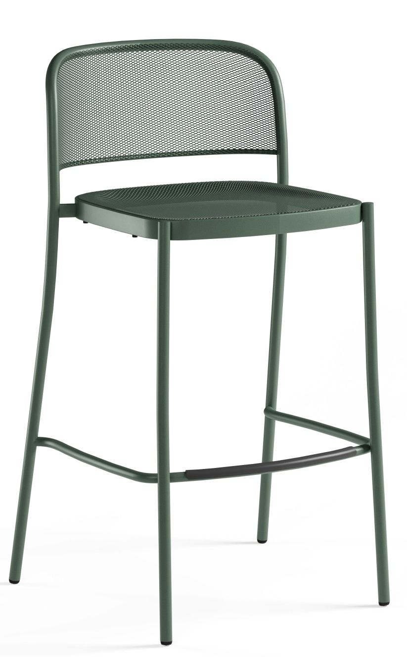 Café Barstool Barhocker von Emu, grüner Outdoor-Hocker mit Rückenlehne und Fußstütze aus Metall.