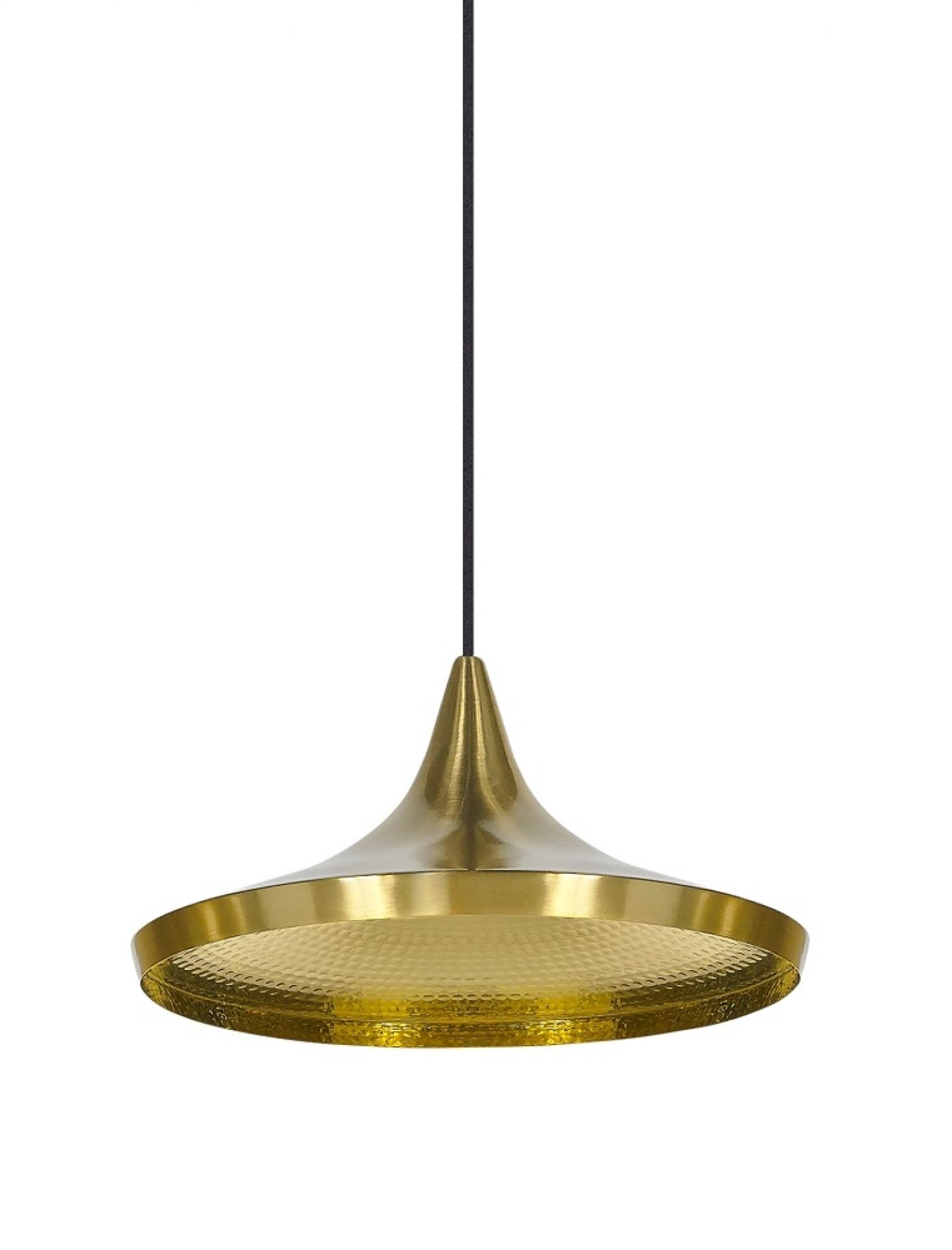 Goldene Beat Wide Pendelleuchte von Tom Dixon mit LED-Beleuchtung und gehämmertem Lampenschirm.