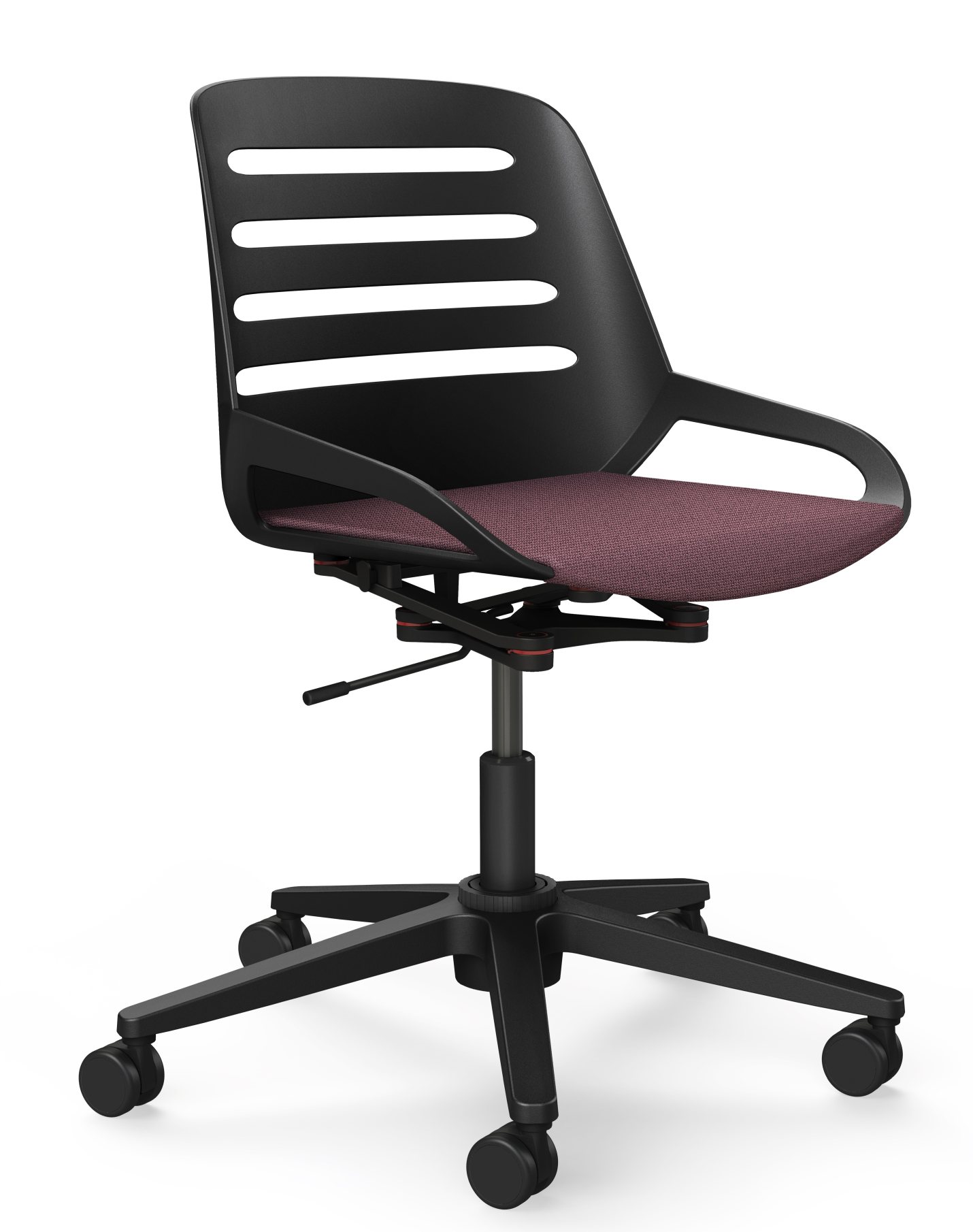 Numo Task Bürodrehstuhl von Aeris, schwarzes Gestell, bordeauxroter Sitz, ergonomischer Bürostuhl mit Rollen.