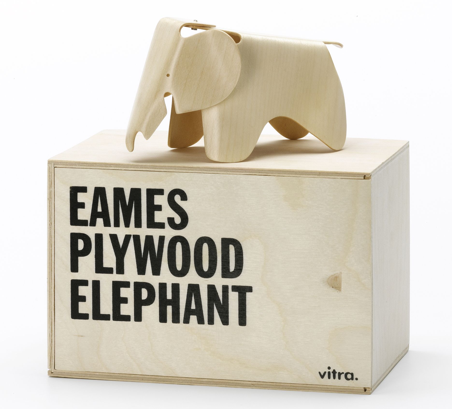 Vitra Plywood Elephant Miniatur auf einer Box, helles Holz, Designobjekt.