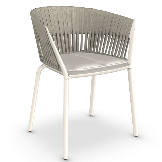 Moderner Ria Stuhl mit weißem Gestell und geflochtener Rückenlehne, ideal für den Garten.