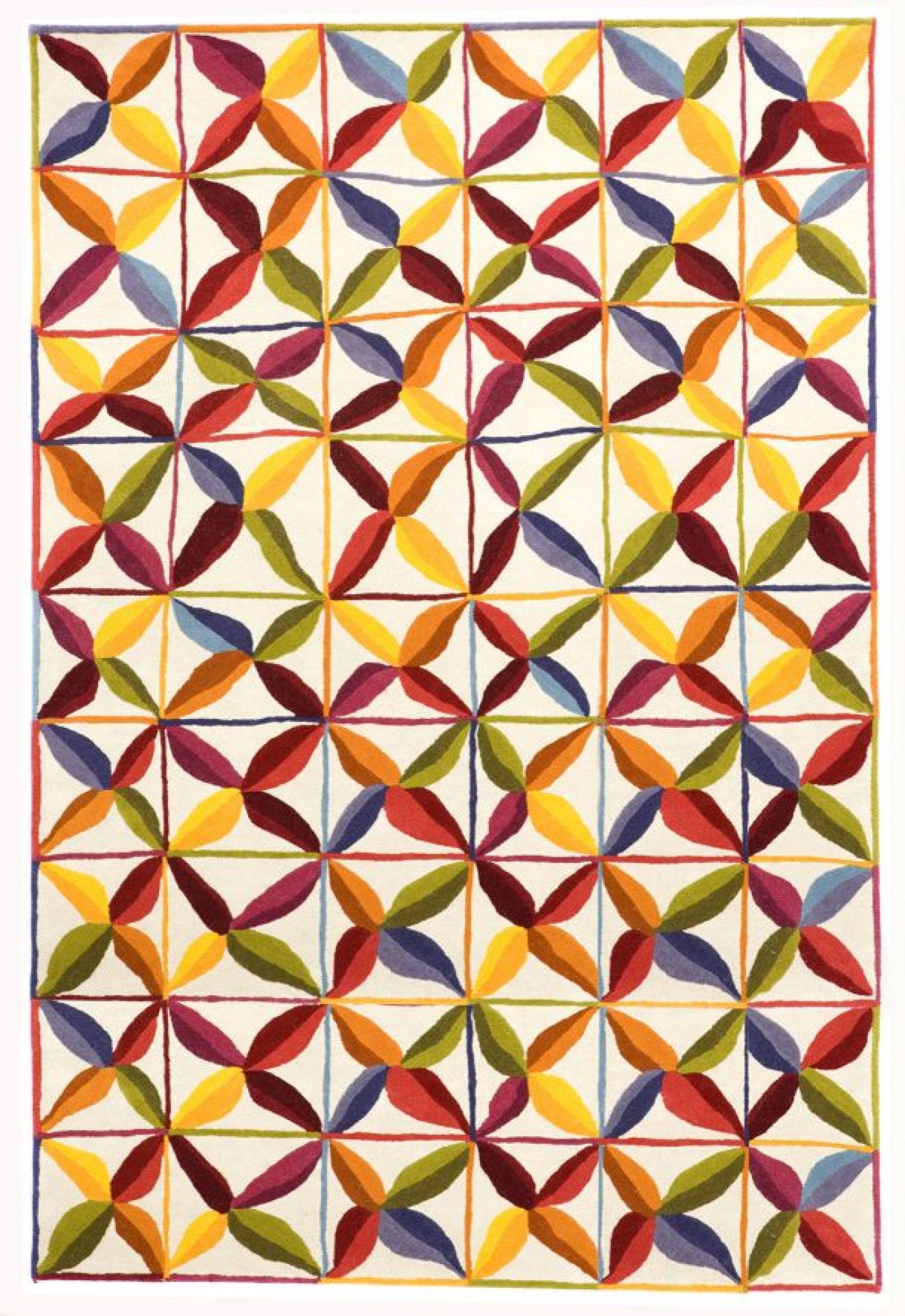 Kala Teppich von Nanimarquina mit farbenfrohem Blütenmuster auf hellem Grund, ein moderner Wollteppich.