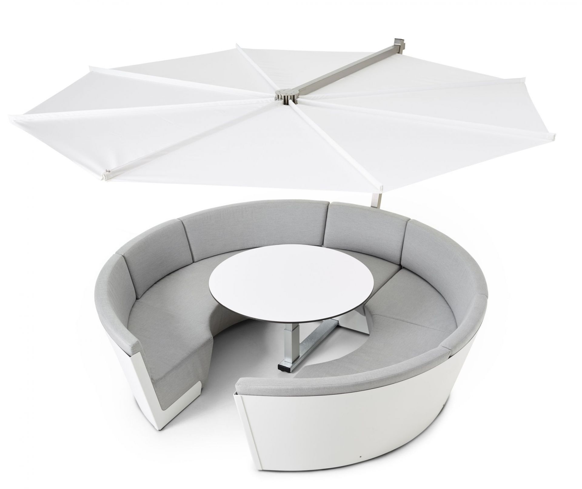 Kosmos Tisch-Sitz-Liege Kombination von Extremis, runde Outdoor-Lounge mit Tisch und Sonnenschirm, modernes Gartendesign.