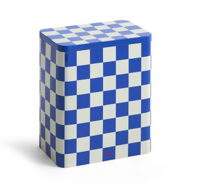 Blauer Hay Tin Container mit Schachbrettmuster für die Aufbewahrung, ideal für Küche und Büro.