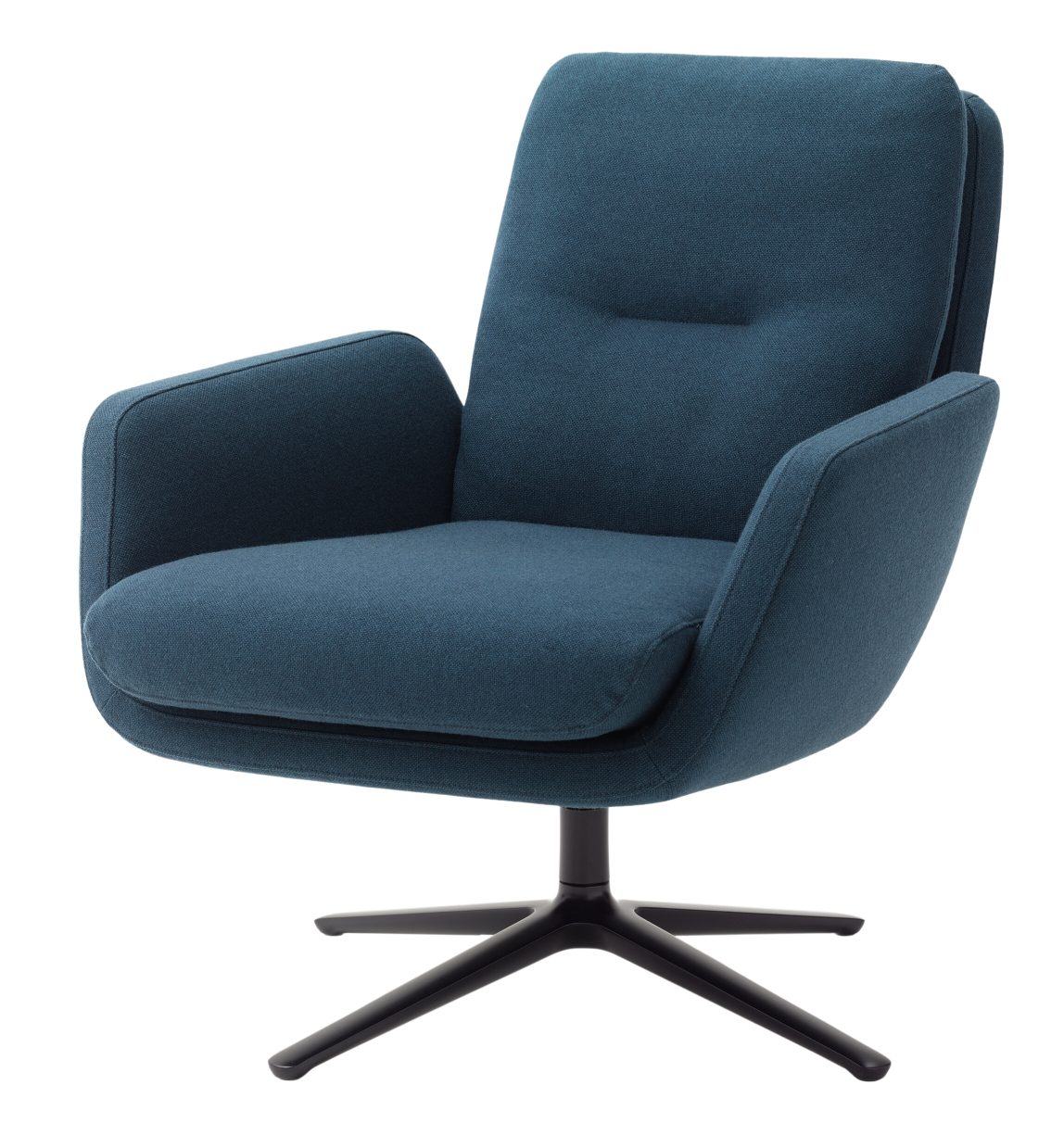 Cordia Drehstuhl mit niedrigem Rücken in Blau, moderner Sessel mit schwarzem Drehfuß.